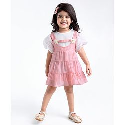 Babyhug Half Sleeves Fit & Flared Party Frock with Floral Corsage - Pink & White