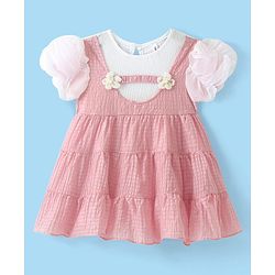Babyhug Half Sleeves Fit & Flared Party Frock with Floral Corsage - Pink & White