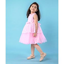 Babyhug Sleeveless Fit & Flared  Party Frock with Sequin Detailing & Floral Applique - Pink