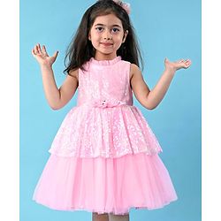 Babyhug Sleeveless Fit & Flared  Party Frock with Sequin Detailing & Floral Applique - Pink