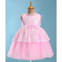 Babyhug Sleeveless Fit & Flared  Party Frock with Sequin Detailing & Floral Applique - Pink
