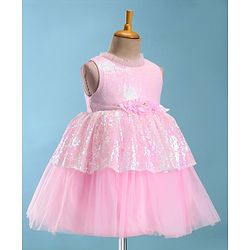 Babyhug Sleeveless Fit & Flared  Party Frock with Sequin Detailing & Floral Applique - Pink