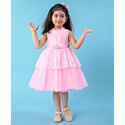 Babyhug Sleeveless Fit & Flared  Party Frock with Sequin Detailing & Floral Applique - Pink