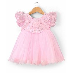 Babyhug Woven Half Embellished Sleeves Fit and Flare Party Frock with Sequined Yoke and 3D Applique - Pink