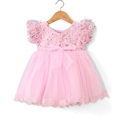 Babyhug Woven Half Embellished Sleeves Fit and Flare Party Frock with Sequined Yoke and 3D Applique - Pink