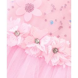 Babyhug Woven Half Embellished Sleeves Fit and Flare Party Frock with Sequined Yoke and 3D Applique - Pink