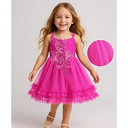 Babyhug Sleeveless  Fit & Flared Shimmered Party Frock with Floral Corsage & Frill Hem Detailing  - Pink