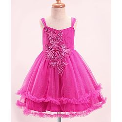 Babyhug Sleeveless  Fit & Flared Shimmered Party Frock with Floral Corsage & Frill Hem Detailing  - Pink