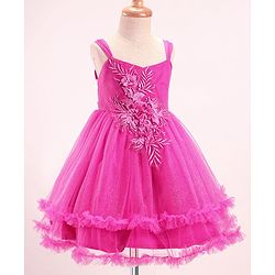 Babyhug Sleeveless  Fit & Flared Shimmered Party Frock with Floral Corsage & Frill Hem Detailing  - Pink