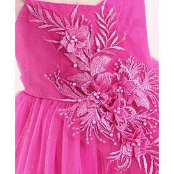 Babyhug Sleeveless  Fit & Flared Shimmered Party Frock with Floral Corsage & Frill Hem Detailing  - Pink