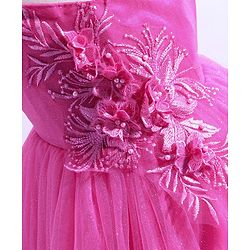 Babyhug Sleeveless  Fit & Flared Shimmered Party Frock with Floral Corsage & Frill Hem Detailing  - Pink