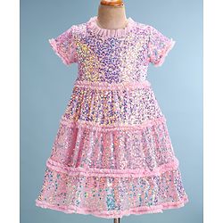 Babyhug Half Sleeves Sequined A-Line Party Frock with Frill Detailing - Pink