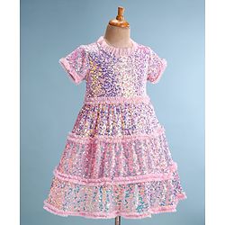 Babyhug Half Sleeves Sequined A-Line Party Frock with Frill Detailing - Pink