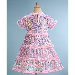 Babyhug Half Sleeves Sequined A-Line Party Frock with Frill Detailing - Pink
