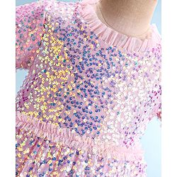 Babyhug Half Sleeves Sequined A-Line Party Frock with Frill Detailing - Pink