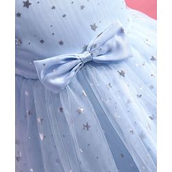 Babyhug One Shoulder Sleeves Fit & Flared Party Frock with Star Foil Print & Floral Applique - Blue