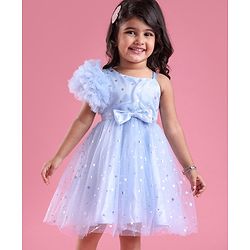 Babyhug One Shoulder Sleeves Fit & Flared Party Frock with Star Foil Print & Floral Applique - Blue