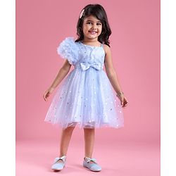 Babyhug One Shoulder Sleeves Fit & Flared Party Frock with Star Foil Print & Floral Applique - Blue