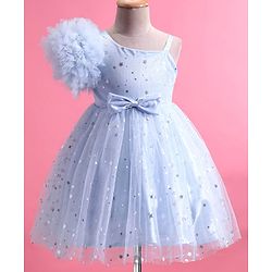 Babyhug One Shoulder Sleeves Fit & Flared Party Frock with Star Foil Print & Floral Applique - Blue