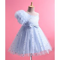 Babyhug One Shoulder Sleeves Fit & Flared Party Frock with Star Foil Print & Floral Applique - Blue