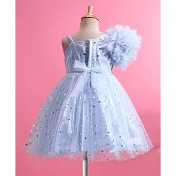 Babyhug One Shoulder Sleeves Fit & Flared Party Frock with Star Foil Print & Floral Applique - Blue