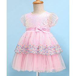 Babyhug Half Sleeves Fit & Flared  Party Frock with Sequin & Floral Embroidery Detailing Bow Applique - Pink