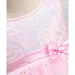 Babyhug Half Sleeves Fit & Flared  Party Frock with Sequin & Floral Embroidery Detailing Bow Applique - Pink