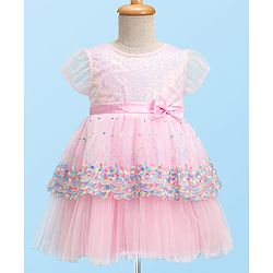Babyhug Half Sleeves Fit & Flared  Party Frock with Sequin & Floral Embroidery Detailing Bow Applique - Pink