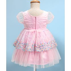 Babyhug Half Sleeves Fit & Flared  Party Frock with Sequin & Floral Embroidery Detailing Bow Applique - Pink