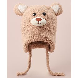 Babyhug Woollen Cap With Bear Applique - Light Brown
