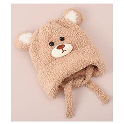 Babyhug Woollen Cap With Bear Applique - Light Brown