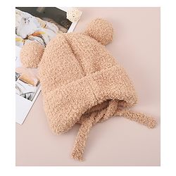Babyhug Woollen Cap With Bear Applique - Light Brown