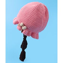 Babyhug Woollen Cap With Bow Applique - Yellow