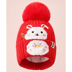 Babyhug Woollen Cap With Bunny Design - Red