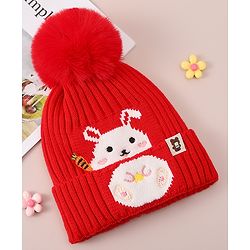Babyhug Woollen Cap With Bunny Design - Red
