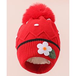 Babyhug Woollen Cap With Floral Applique - Red