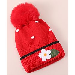 Babyhug Woollen Cap With Floral Applique - Red