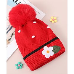 Babyhug Woollen Cap With Floral Applique - Red