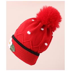 Babyhug Woollen Cap With Floral Applique - Red