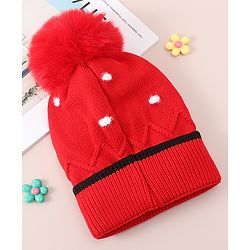 Babyhug Woollen Cap With Floral Applique - Red