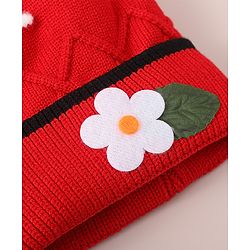 Babyhug Woollen Cap With Floral Applique - Red