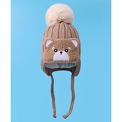 Babyhug Woollen Cap With Knot Bear Applique - Brown