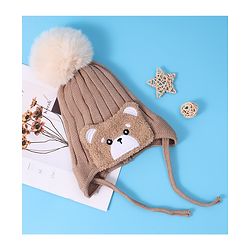 Babyhug Woollen Cap With Knot Bear Applique - Brown