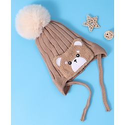 Babyhug Woollen Cap With Knot Bear Applique - Brown