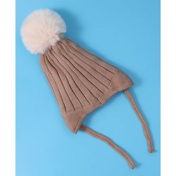 Babyhug Woollen Cap With Knot Bear Applique - Brown