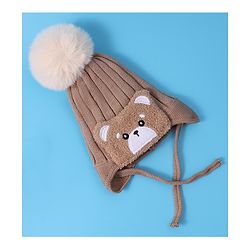 Babyhug Woollen Cap With Knot Bear Applique - Brown