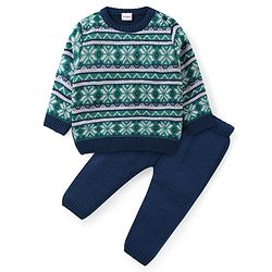 Babyhug Knitted Full Sleeves Sweater Set with  Intarsia Design - Navy Blue