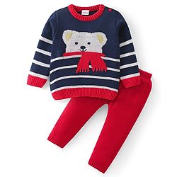Babyhug Knitted Full Sleeves Sweater Set with Teddy Design - Navy & Red