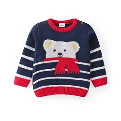 Babyhug Knitted Full Sleeves Sweater Set with Teddy Design - Navy & Red