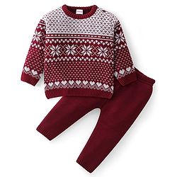 Babyhug Knitted Full Sleeves Sweater Set with Floral Design - Maroon